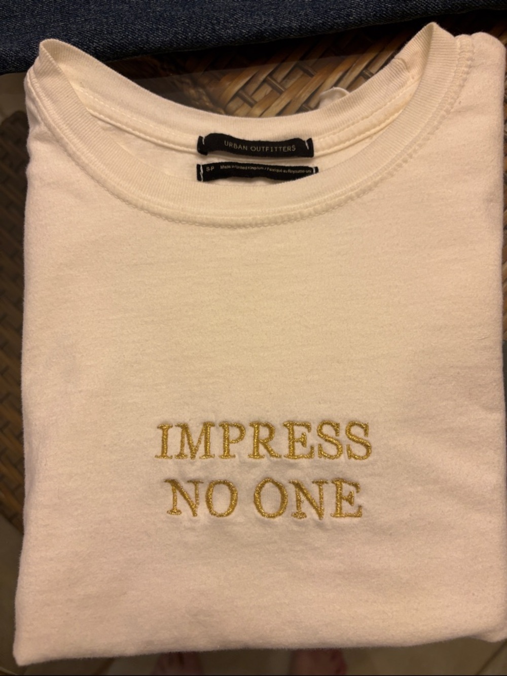 Urban Outfitters Cream Tee with Gold Embroidered Slogan